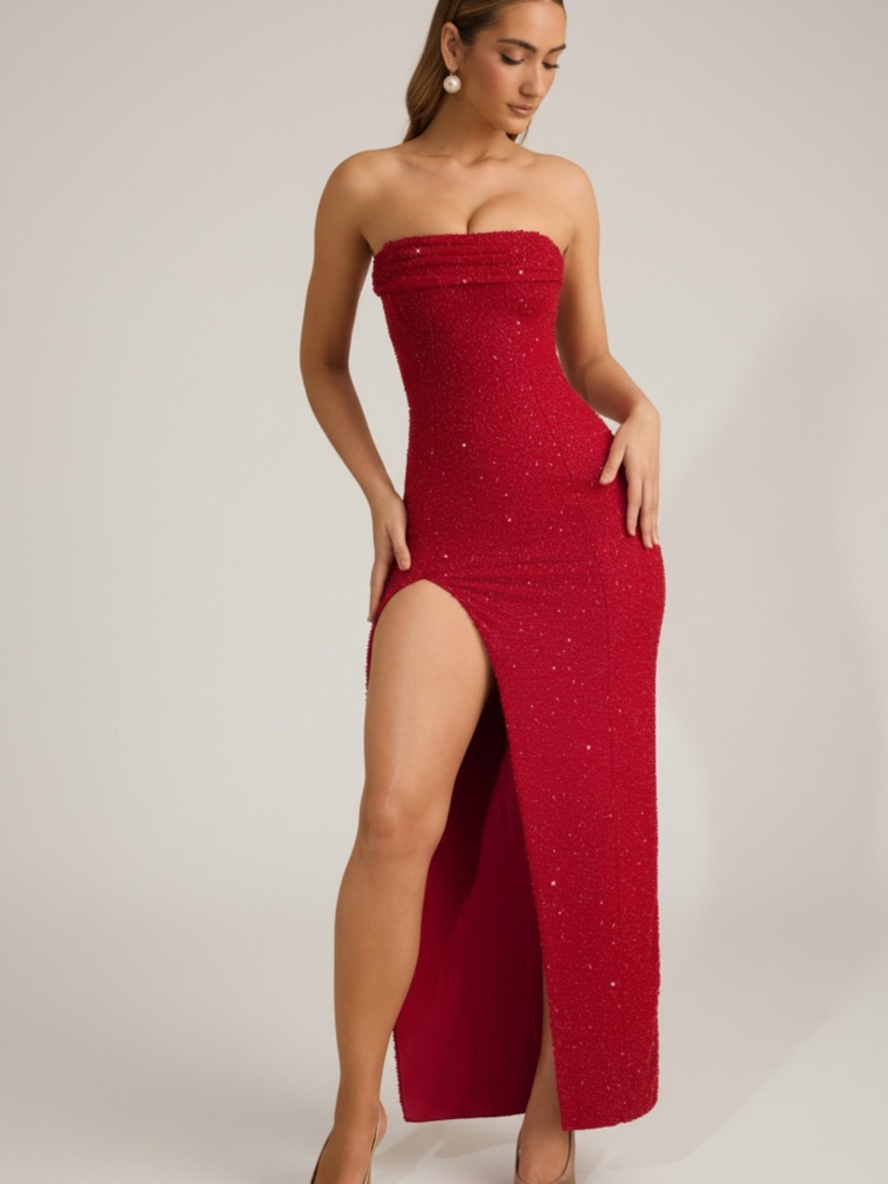 Oh Polly Embellished Strapless Cowl-Neck Maxi Dress in Rouge 4